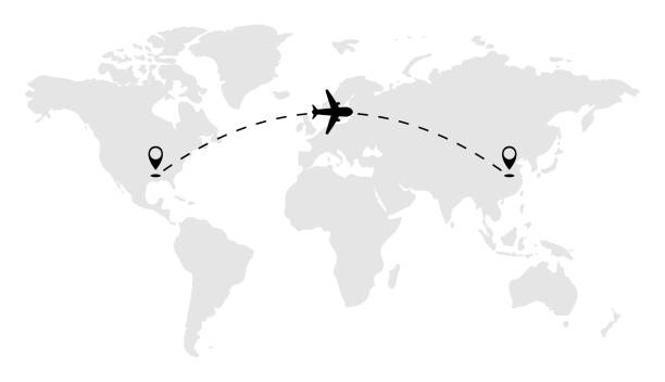 Plane with path line Vector illustration. Plane flight route over world map. Plane with path line Vector illustration. Plane flight route over world map. deportation stock illustrations