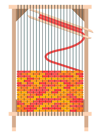 Vector illustration - rectangular wooden carpet weaving machine with stretched yellow and red threads insulated. Concept hobby and hand craft