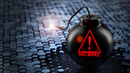 Bomb with malware icon. Virus attack on computer systems. Malware concept. 3d render.