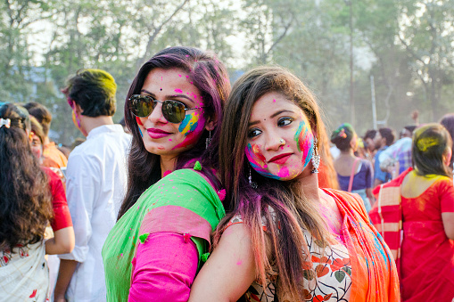 kolkata west bengal india on february 27th 2018 :Rabindra Bharati University Students celebrating Basanta Utsav and Holi ,Color Festival at the Jorasanko Rabindra Bharati University campus.