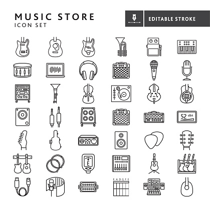 Vector illustration of a set of music store icons on white background. No white box behind each icon. Fully editable stroke. Simple icons include electric guitar, acoustic guitar, guitar pedal, keyboard, drums, studio headphones, guitar amplifier, microphone, podcast, rack studio mount, clarinet, fiddle, dj deck, cello, steel guitar, studio monitor, instrument cables, speaker cabinet, amplifier head, decibel meter, guitar headstock, guitar case, audio interface, speaker, guitar picks, guitar hangers, guitar strings, tuner, console, midi cable, sound proof vocal booth, guitar pick up, guitar fretboard, home studio. Vector eps 10 and high resolution jpg in download.