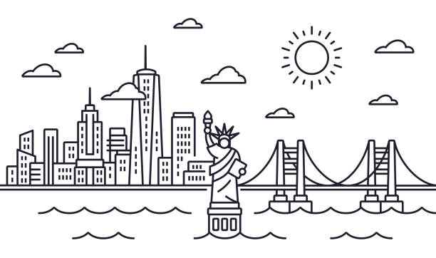 ilustraciones, imágenes clip art, dibujos animados e iconos de stock de dibujo de la línea del horizonte de la ciudad de nueva york - freedom tower new york new york city skyline world trade center