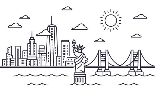 illustrazioni stock, clip art, cartoni animati e icone di tendenza di disegno della linea skyline di new york city - new york city skyline new york state freedom