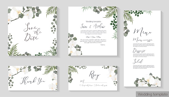 Vector herbal wedding invitation template. Different herbs, white orchid, green plants and leaves, unripe berries, round gold frame. The set consists of an invitation card, thank you, rsvp, menu.