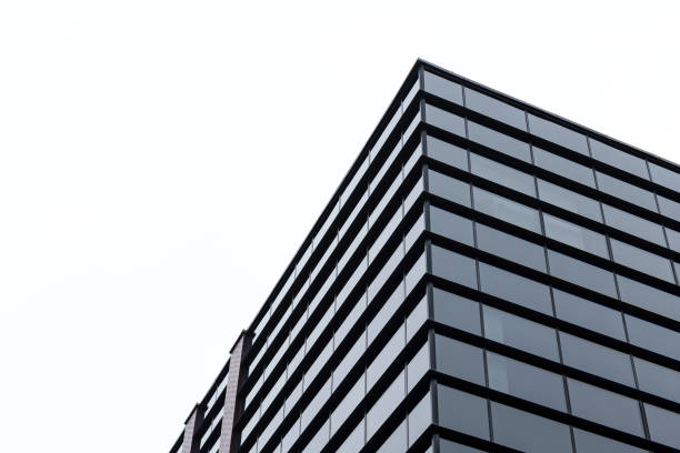 istock Generic corporate architecture modern building, contemporary office windows, low angle shot, simple minimal bright background, clear white sky copy space, skyscraper top, business city life concept 1376660987
