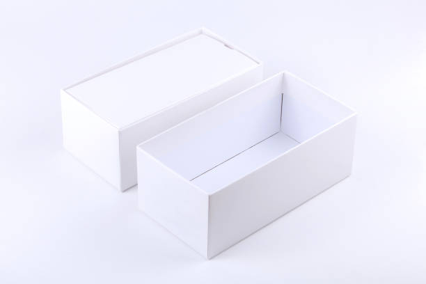 Simple blank white opened empty smartphone box premium quality paper mobile phone technology product container isolated on white background, cut out, open box template mockup, nobody. Unboxing concept