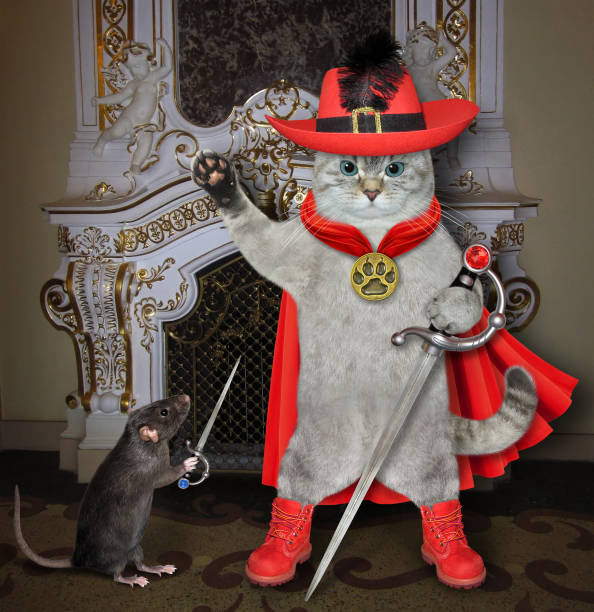An ashen cat dressed in red musketeer costume with a sword is standing at a fireplace of castle.