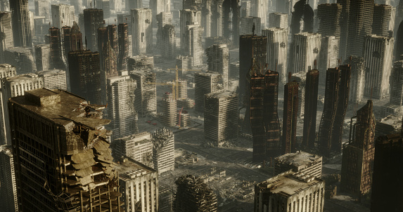 Digitally generated aerial view post apocalyptic scene depicting the consequence of a nuclear holocaust, showing a desolate urban landscape with tall buildings in ruins.\n\nThe scene was created in Autodesk® 3ds Max 2022 with V-Ray 5 and rendered with photorealistic shaders and lighting in Chaos® Vantage with some post-production added.