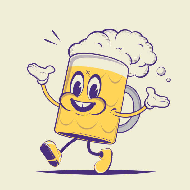 ilustraciones, imágenes clip art, dibujos animados e iconos de stock de feliz caminando cerveza de dibujos animados retro - cerveza