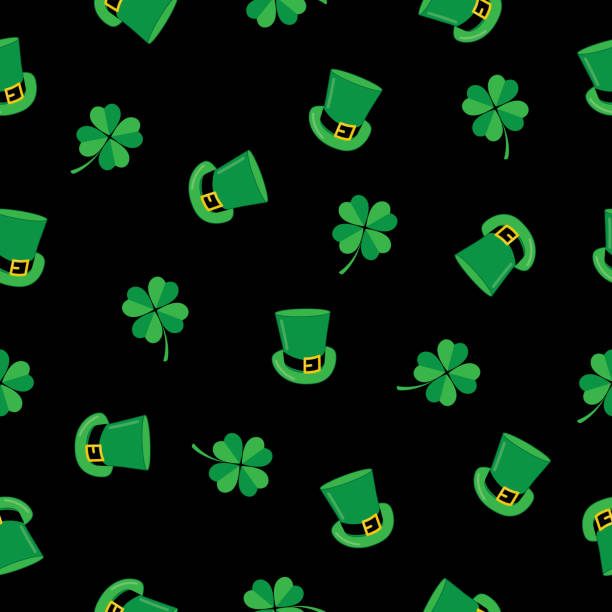 koboldhüte und vierblättrige kleeblätter nahtlos pattern.ai - irish culture st patricks day backgrounds good luck charm stock-grafiken, -clipart, -cartoons und -symbole