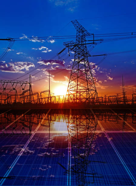 istock Solar panels and electric tower, green energy 1376773420