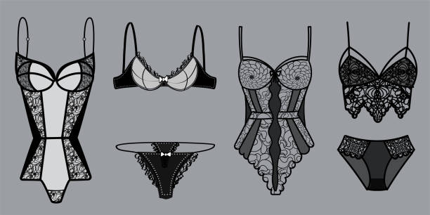 ilustrações de stock, clip art, desenhos animados e ícones de women's lace underwear. bra, panties, bodysuit, in black. - panties lingerie sensuality bra