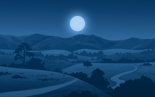Countryside night scene landscape with full moon
