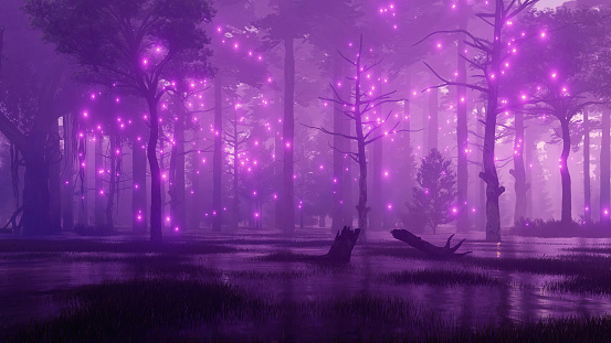 Night forest swamp with magical firefly lights