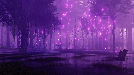 Bosque nocturno pantanoso con luces místicas de luciérnagas photo