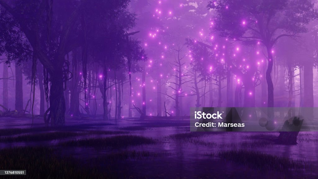 Swampy night forest with mystical firefly lights Supernatural fairy firefly lights flying around creepy dead trees in swampy mystical night forest. Fantasy 3D illustration from my own 3D rendering file. Paranormal Stock Photo