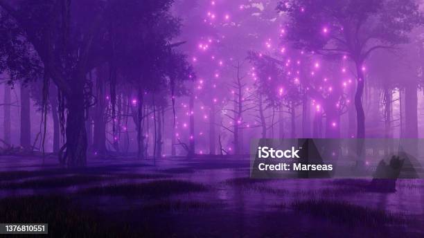 Swampy Night Forest With Mystical Firefly Lights Stock Photo - Download Image Now - Paranormal, Forest, Ethereal