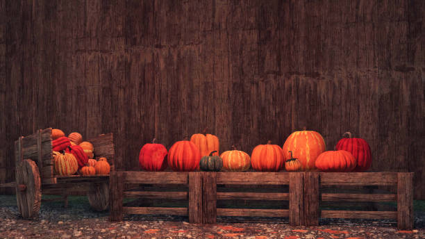 Autumn harvest of pumpkins on rural farmers market Autumn harvest of pumpkins laid out on wooden crates against dark wood background with copy space at rural farmers market. Fall season 3D illustration for Thanksgiving or Halloween holidays. autumn copy space rural scene curing stock pictures, royalty-free photos & images