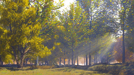Peaceful woodland landscape on a scenic forest edge with golden autumn leaves falling from trees at bright sunny day. With no people fall season 3D illustration from my 3D rendering file.