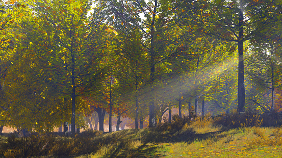 Serene autumnal scenery with golden leaves falling from lush autumn trees on the edge of scenic forest at sunny daytime. With no people fall season 3D illustration from my 3D rendering file.