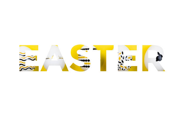 The word easter on a white background. Eggs in white, black and gold colors inside the letters
