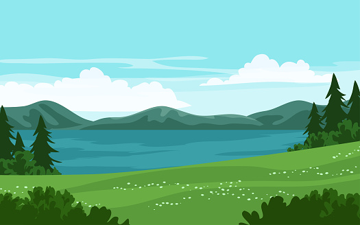 Flat lake and mountain landscape illustration