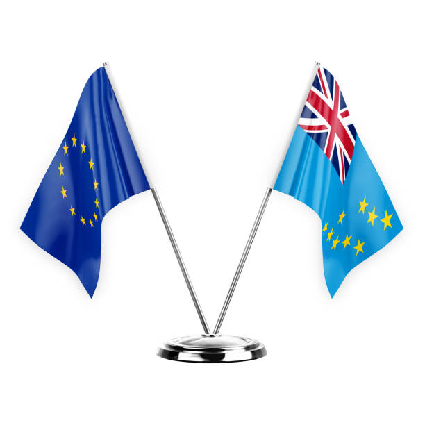 Two table flags isolated on white background 3d illustration, european union and tuvalu