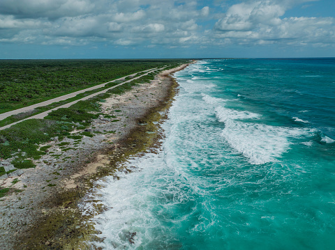 Scenic aerial  view of road on  Cozumel Island near Playa del Carmen at sunset, Quintana Roo, Mexico
