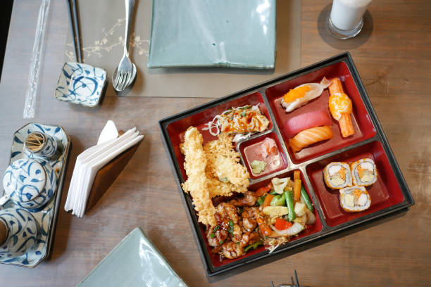 sushi and traditional japanese food on table with copy space