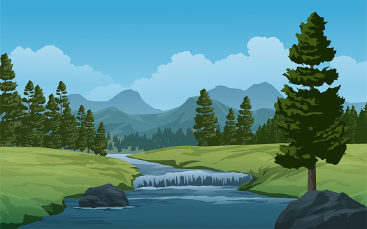 River in grassland landscape with mountain and coniferous forest