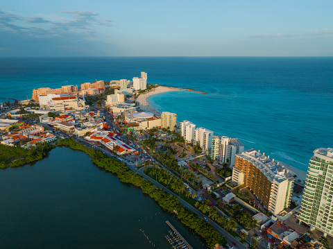 Scenic aerial view of Hotel Zone in Cancun, Mexico