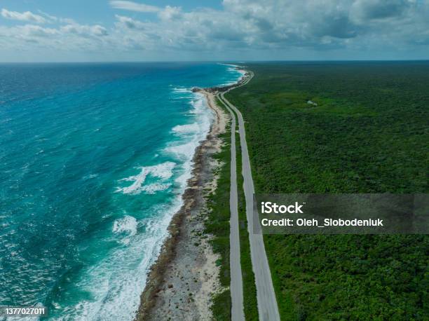 Aerial View Of Road On Cozumel Island Near Playa Del Carmen At Sunset Stock Photo - Download Image Now