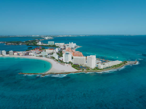 Aerial view of Hotel Zone in Cancun at sunset stock photo