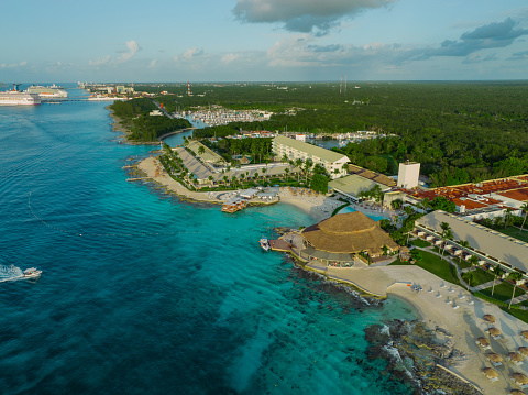 Scenic aerial  view of Tulum beach at sunset