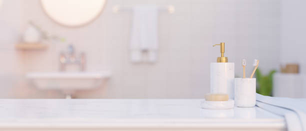 istock Elegant white bathroom interior with marble white countertop with copy space 1377035823