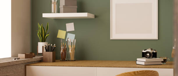 istock Modern contemporary home working space with trendy green wall. 1377035824