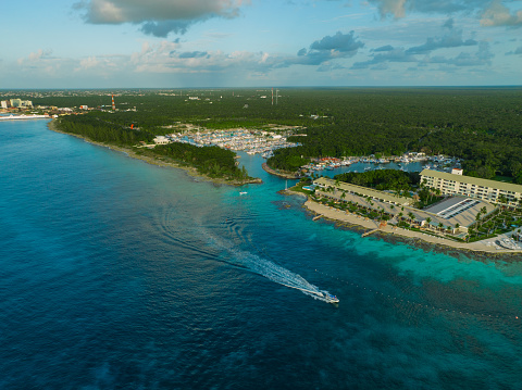 Scenic aerial  view of Cozumel Island near Playa del Carmen at sunset, Quintana Roo, Mexico