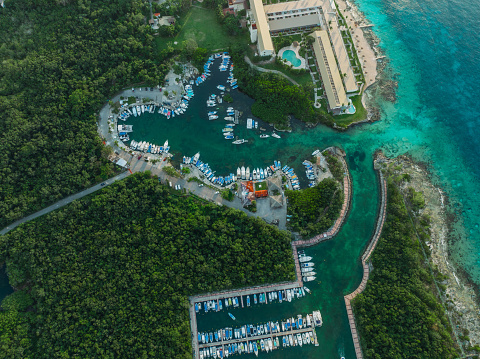 Scenic aerial view of harbour on island
