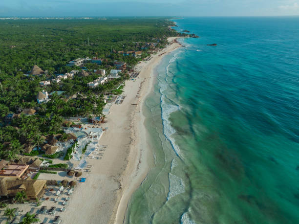 istock Aerial view of Tulum beach at sunset 1377036743