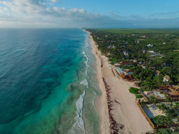 Aerial view of Tulum beach at sunset Scenic aerial  view of Tulum beach at sunset playa del carmen stock pictures, royalty-free photos & images