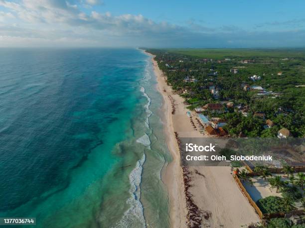 Aerial View Of Tulum Beach At Sunset Stock Photo - Download Image Now - Playa Del Carmen, Cozumel, Mexico