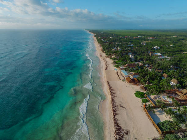 вид с воздуха на пляж тулум на закате - beach tourist resort mexico tropical climate стоковые фото и изображения