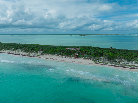 Scenic aerial  view of Sian Kaʼan Biosphere Reserve beach at sunset, Quintana Roo