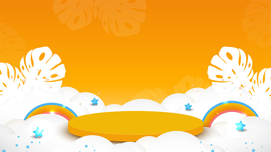 Summer background. Empty circle pedestal for product display decorated with clouds, rainbow, tropical leaf on abstract sky orange background. Vector illustration.