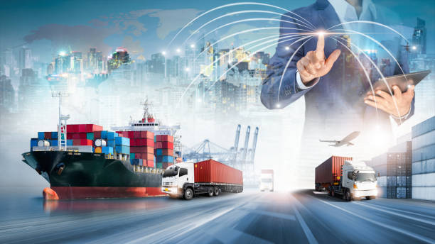 Businessman touching virtual screen world map of Global logistics network distribution, Container cargo freight ship at industrial port for logistics Import export background, Smart technology concept stock photo