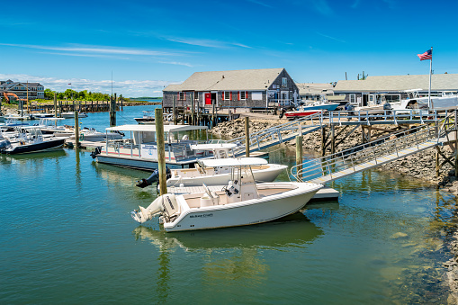 Marina on the waterfront in Barnstable, Massachusetts, USA on a sunny day.