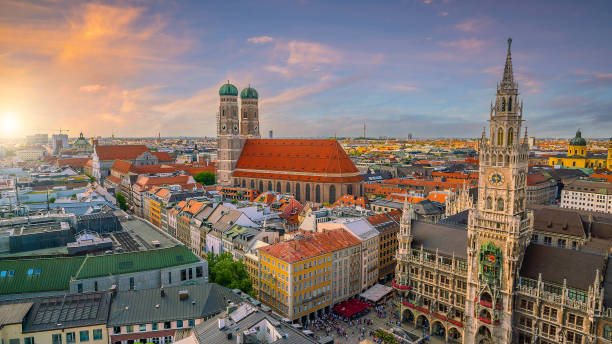istock Munich skyline with Marienplatz town hall in Germany 1377056026