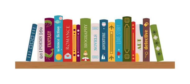 Vector illustration of Bookshelf with books. Biography, adventure, novel, poem, fantasy, love story, detective, art, romance.  Banner for library, book store. Genre of literature. Vector illustration in flat style.