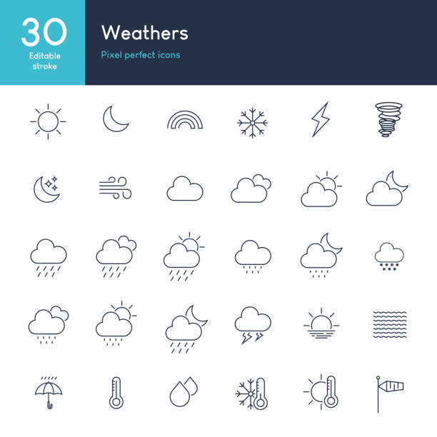 ilustrações, clipart, desenhos animados e ícones de weather - conjunto de vetor de ícone de linha fina - weather symbol sun meteorology