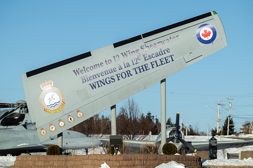March 1, 2022 - Halifax, Canada - Entry sign for Twelve Wing Shearwater, primarily known as Royal Canadian Air Force Base Shearwater provides maritime helicopter operations for the Royal Canadian Navy's Atlantic Fleet from the Shearwater Heliport.